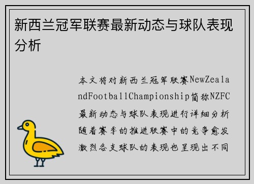 新西兰冠军联赛最新动态与球队表现分析