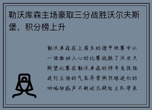 勒沃库森主场豪取三分战胜沃尔夫斯堡，积分榜上升